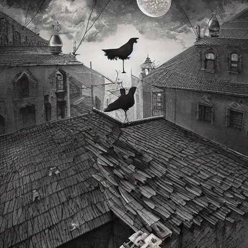 Image similar to A clown on the roof of the church playing with crows, by Android Jones and M. C. Escher collaboration, futurist, digital art, dramatic lighting, symbolic