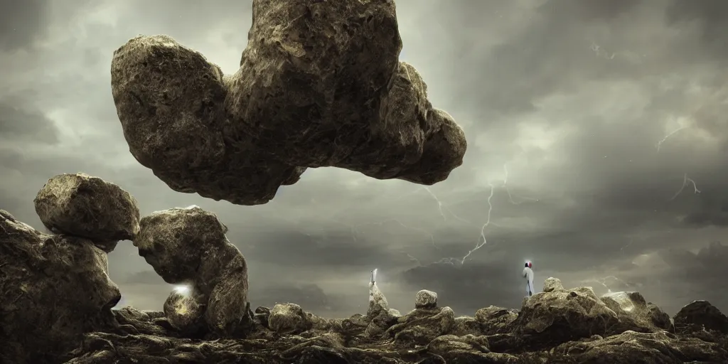 Image similar to photorealistic strange sculpture made of white bird skulls, in an epic landscape, with ominous storm clouds, strange levitating stones, stones falling from the sky, a gentle rising mist. occult photorealism, uhd, amazing depth, glowing, golden ratio, 3 d octane cycle unreal engine 5, volumetric lighting, cinematic lighting, cgstation artstation concept art