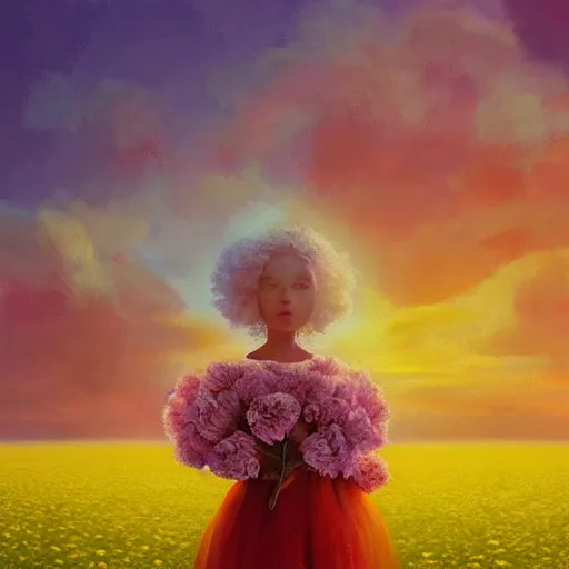 Image similar to head made of carnations flower, girl standing in a vast flower field, surreal photography, sunrise dramatic light, impressionist painting, colorful clouds, large sky, digital painting, artstation, simon stalenhag, flower face