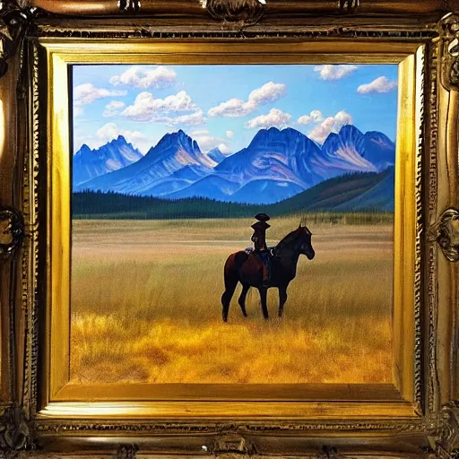 Prompt: surreal painting from a cowboy without a horse in front of the rocky mountains