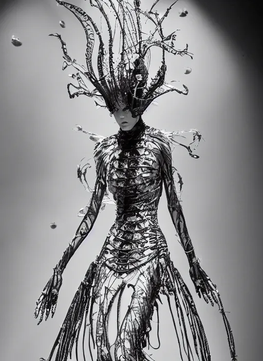 Image similar to walking down the catwalk, ben watts, show, stage, vogue photo, podium, fashion show photo, historical baroque dress dark, iris van herpen, beautiful woman, masterpiece, intricate, biopunk, vogue, full body shot, alien, plant predator, guyver, jellyfish, white biomechanical details, highly detailed