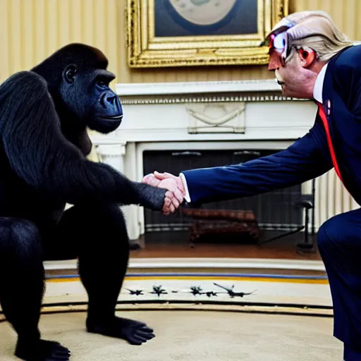 Image similar to professional photograph of a gorilla wearing a suit and donald trump shaking hands in the white house, 8 k, very intricate, very detailed,