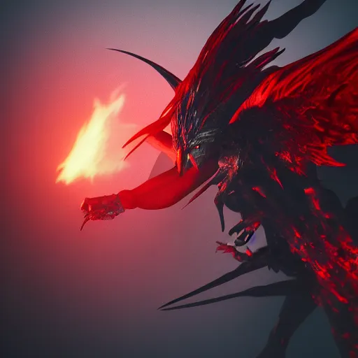 Image similar to abstract shadow demon with wings red hunter eyes, highly realistic photo realistic octane render blender highly detailed 8 k