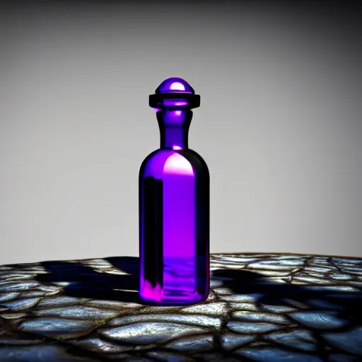 Image similar to hyper realistic poison bottle, purple liquid inside. background is an ancient laboratory. dnd style, ultra detailed, trending on artstation, concept art, octane render, unreal engine 5, 8 k rendering.