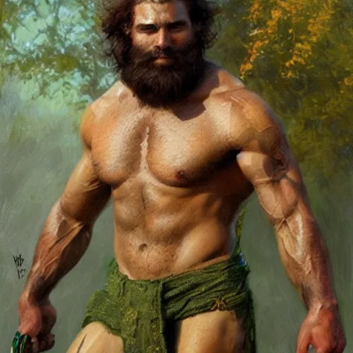 Image similar to young warrior marching toward the viewer, male, muscular, green eyes!!!!, straight nose!!!!!, beard, detailed face, thighs!!!!! gorgeous, amazing, toned, intricate, highly detailed, painting by Gaston Bussiere, Craig Mullins