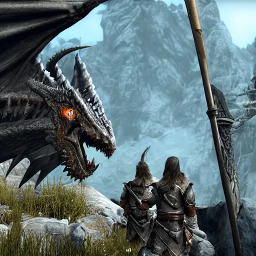 Image similar to joe biden tame a dragon in skyrim world. 8 k, hd, detailed.