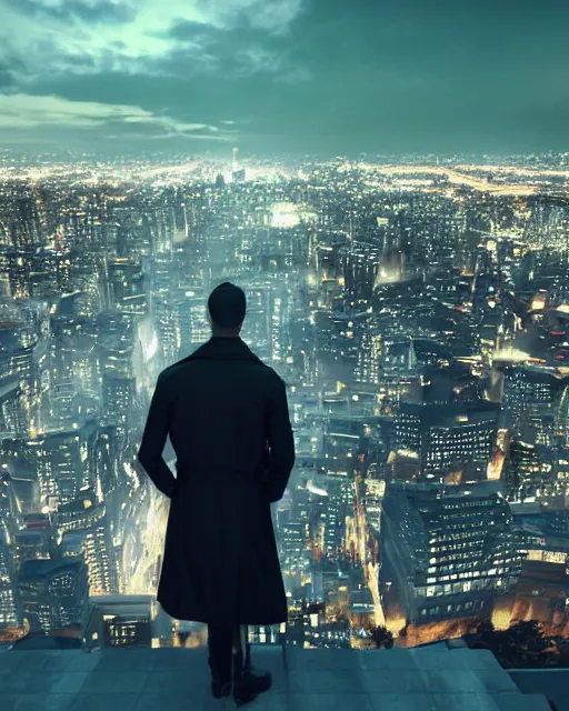 Image similar to a night rooftop scene, close up shot of a photorealistic gangster wearing a trench coat looking at the city below, unreal engine, hyper realism, realistic shading, cinematic composition