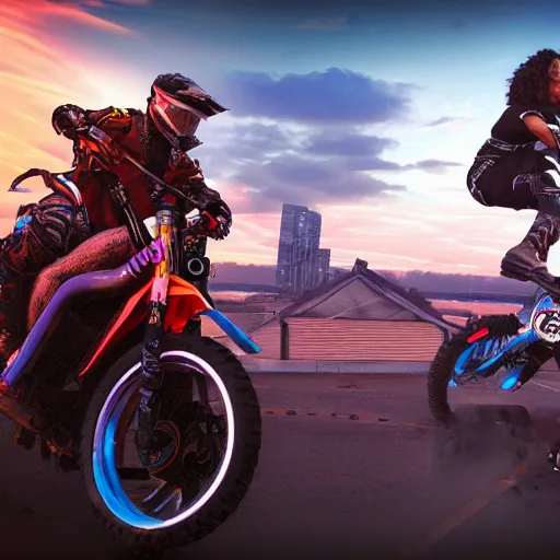 Image similar to a cyberpunk motocross cycle, sunset, 8 k, trending on artstation, exciting, action shot, total shot