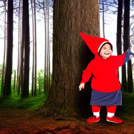 Image similar to a small person with a smile in his face dressed as a gnome peeking behind a tree, forest trail, night time, bright camera flash, camera shaking, realistic, phone recording, bad quality, 480p, scary