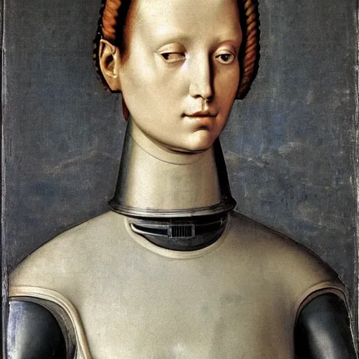 Prompt: a portrait of a female android by agnolo bronzino