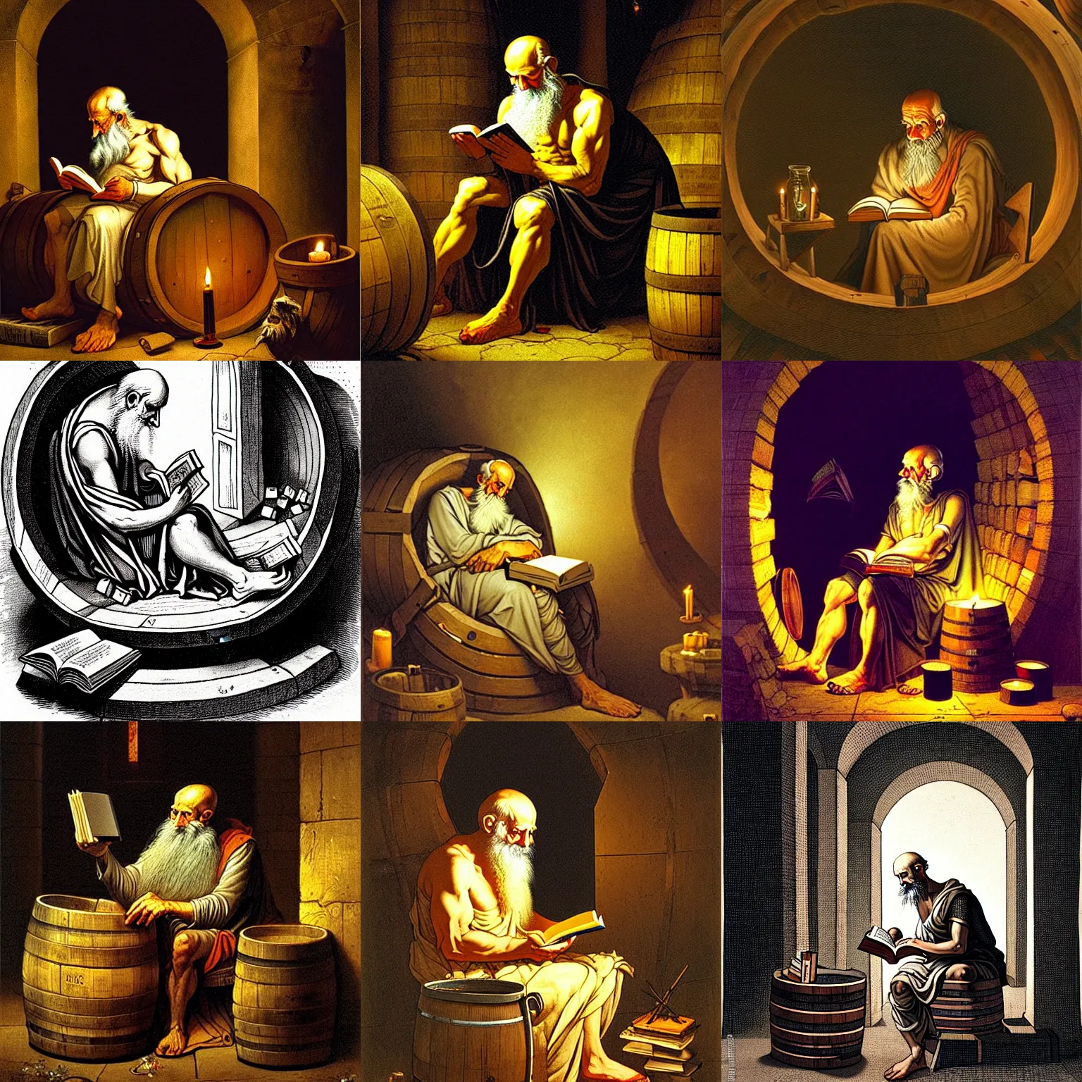 diogenes of sipone reading a book inside his barrel at | Stable ...