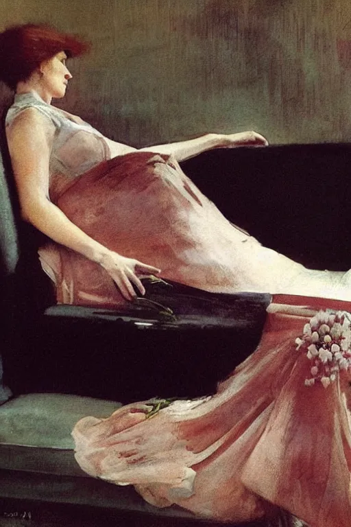 Image similar to european woman in a gown relaxing on couch, bloom flowers, modern, eclectic, illustration, by ramon casas