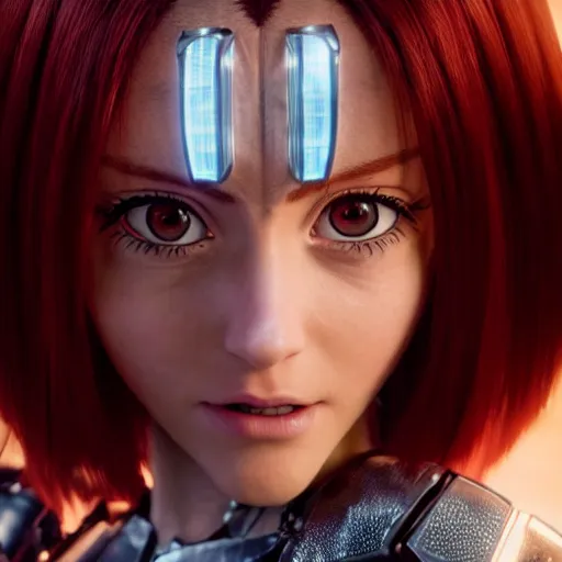 Image similar to cinematic still of red - haired ariana grande in alita : battle angel ( 2 0 1 9 ), xf iq 4, f / 1. 4, iso 2 0 0, 1 / 1 6 0 s, 8 k, raw, dramatic lighting, symmetrical balance, in - frame