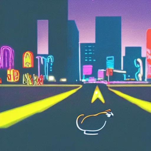 Image similar to neon city with a cat in the road cinematography