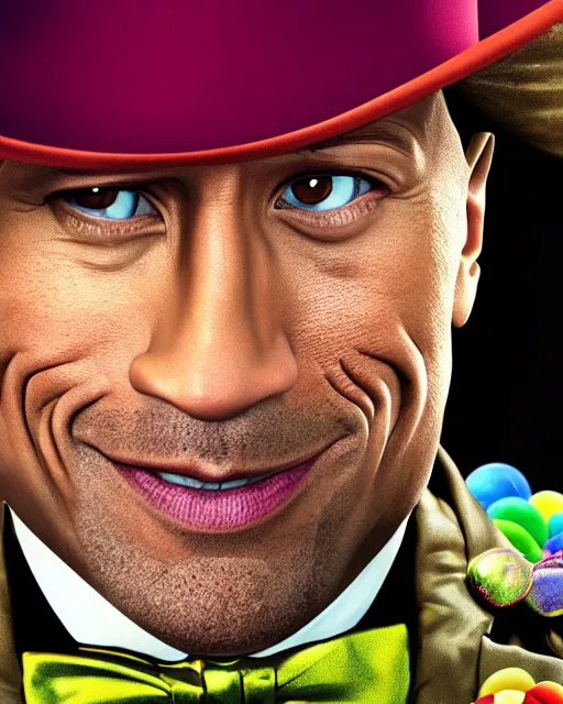 Image similar to Film still close-up shot of Dwayne Johnson as Willy Wonka from the movie Willy Wonka & The Chocolate Factory. Photographic, photography