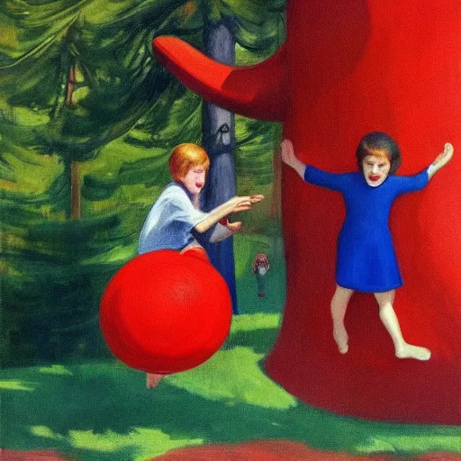 Prompt: Children bouncing high on a giant red mushroom in a mystical forest, painting by Edward Hopper