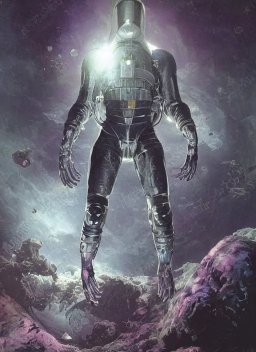 Image similar to astronauts in dark void underwater - complex and hyperdetailed technical suit. reflection and dispersion materials. rays and dispersion of light. volumetric light. f / 3 2. noise film photo. flash photography. ultra realistic, wide angle. poster by wayne barlowe, hajime sorayama aaron horkey, craig mullins