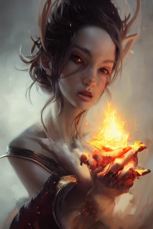 Image similar to face closeup beautiful girl necromancer casting spell, 3 d render, holding magic fire and electicity, hyper realistic detailed portrait, ruan jia, wlop, fantasy, hyper detailed, octane render, concept art, peter mohrbacher