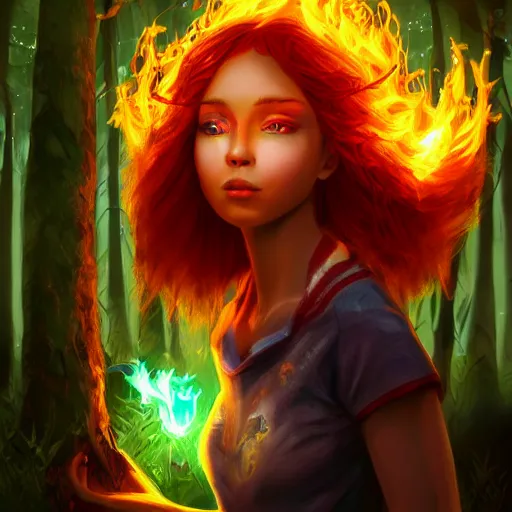 Image similar to magical astonishing dark forest is protected by an indigenous girl with a red-sleeved T-shirt using jeans, her hair glows on fire as she protects the forest with her fire powers, and her eyes are pure fire. trending on artstation, splash art hyper-detailed, 4K