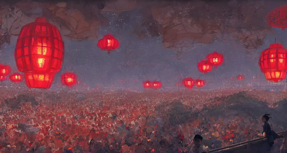 Image similar to craig mullins and ghibli digital art of zhongyuan festival in china ， red lanterns in the sky, black night sky, stars, below is the crowd, rivers, villages ， unreal engine, hyper realism, realistic shading, cinematic composition, realistic render, octane render, detailed textures, photorealistic, wide shot