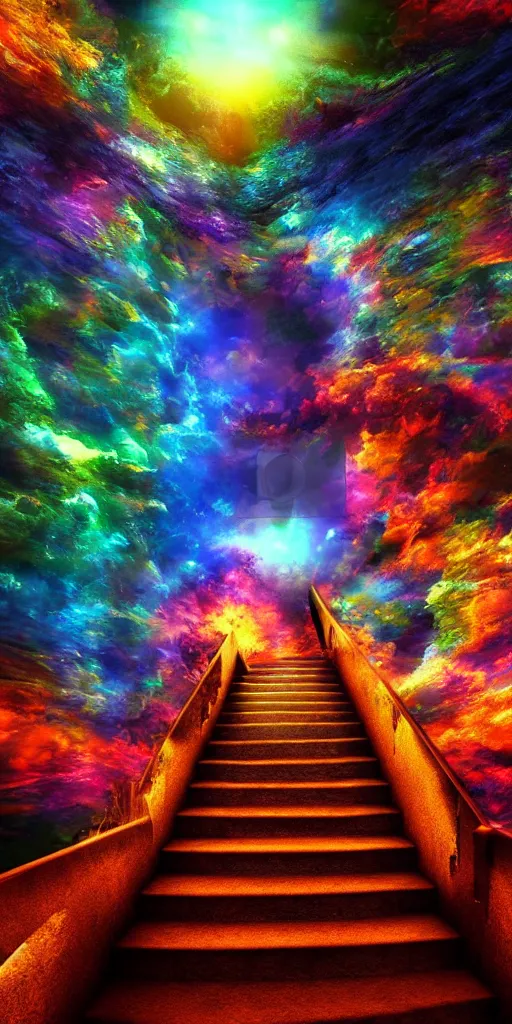 Prompt: trippy stairway into the phantasmagoric realm of dreams, epic scene, volumetric lighting, vivid color, max detail, hd