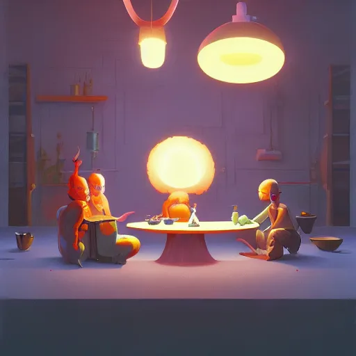 Image similar to cute kitchen dim lit by a candle ripped physique simon stalenhag gerald brom bastien grivet greg rutkowski portrait