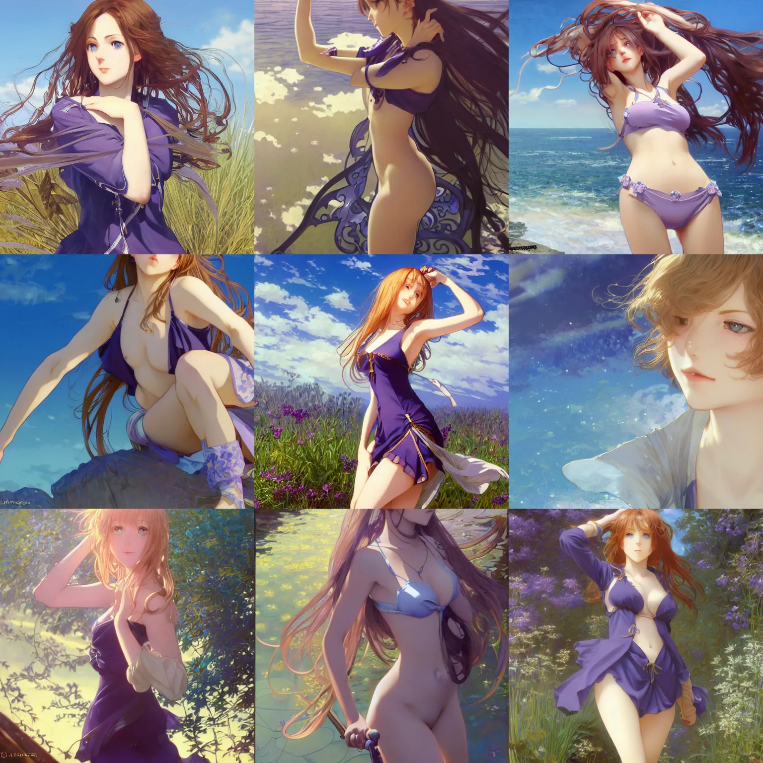 Prompt: very beautiful violet evergarden, full body, sky blue eyes, full round face, bikini, mid - shot, highly detailed, cinematic wallpaper by stanley artgerm lau, alphonse mucha, ilya kuvshinov