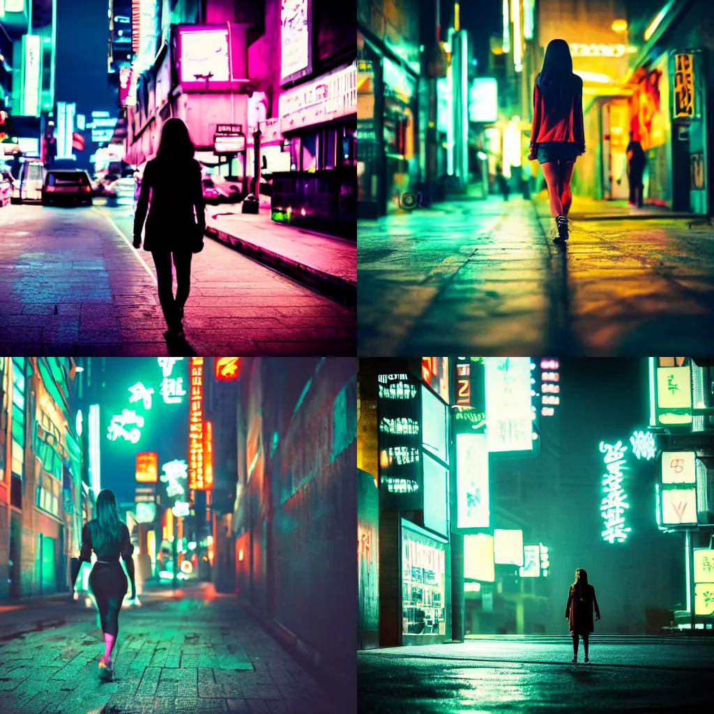 Prompt: neon cyberpunk city, night, girl walking, rule of thirds, photography cinematic