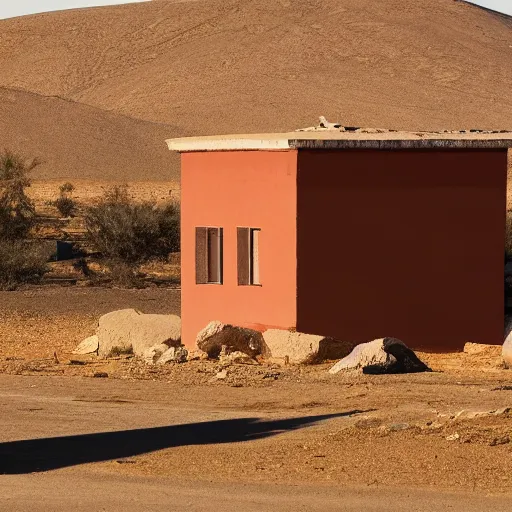 Image similar to Photograph of a generic soviet communist residential block standing lonely in a desert, dawn