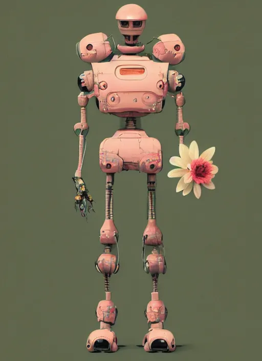 Image similar to detailed full body concept art illustration pastel painting of a robot holding a flower, ultra detailed, digital art, octane render, dystopian, micro detail, 4k