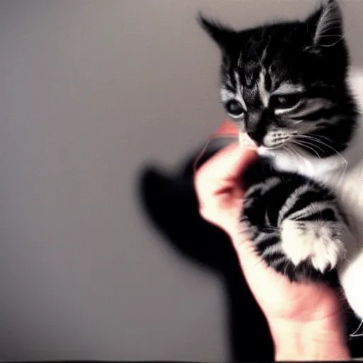 Prompt: 15mm wide-angle lens photo of a rapper in 1990 New York holding a kitten up to the camera