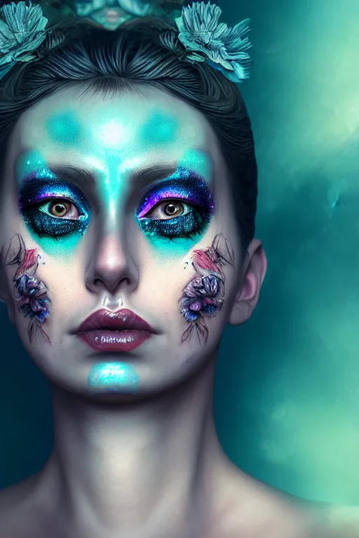 Image similar to neo-surrealist hyper detailed close-up portrait of woman with iridescent rococo flower tattoos on half of her face matte painting concept art key sage very dramatic dark teal lighting side angle hd 35mm shallow depth of field 8k