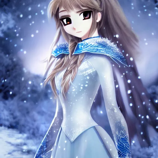 Prompt: portrait focus of knight beautiful 3D anime girl, Frozen ice armor wearing, dark forest background, snowing, bokeh, inspired by Masami Kurumada, digital painting, high contrast, unreal engine render, volumetric lighting, high détail