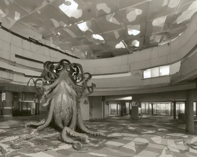 Image similar to camera footage of a extremely aggressive Giant mutated Octopus with glowing white eyes in an abandoned shopping mall, Psychic Mind flayer, Terrifying, Silhouette :7 , high exposure, dark, monochrome, camera, grainy, CCTV, security camera footage, timestamp, zoomed in, Feral, fish-eye lens, Fast, Radiation Mutated, Nightmare Fuel, Wolf, Evil, Bite, Motion Blur, horrifying, lunging at camera :4 bloody dead body, blood on floors, windows and walls :5