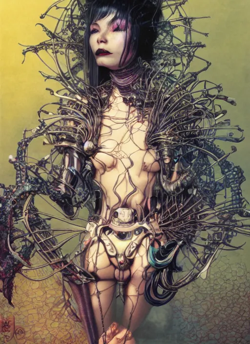 Prompt: realistic detailed painting of Bjork by yoshitaka amano, Masamune Shirow and rebecca guay and Moebius, Neo-Gothic, Cyberpunk, rich deep colors