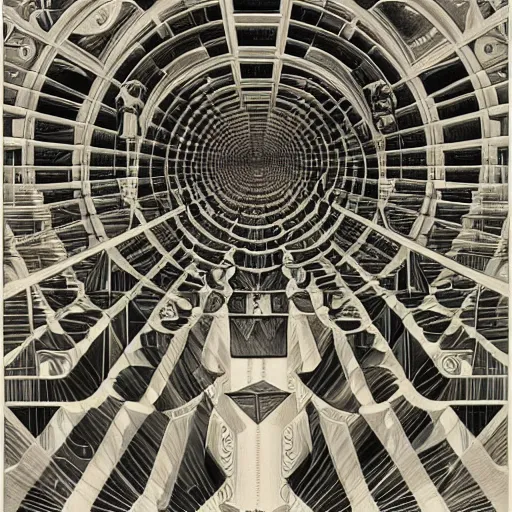 Image similar to crystal labyrinth beyond possibility of imagining, inhabited on many levels by Maurits Cornelis Escher, shining light, clear geometry, atmospheric, Award winning. Masterpiece, detailed illustration, alphonse mucha