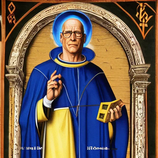 Image similar to hank hill as the saint of propane surrounded by blue fire, renaissance religious painting, painting by carlo crivelli, late gothic religious paintings, byzantine religious art, trending on artstation