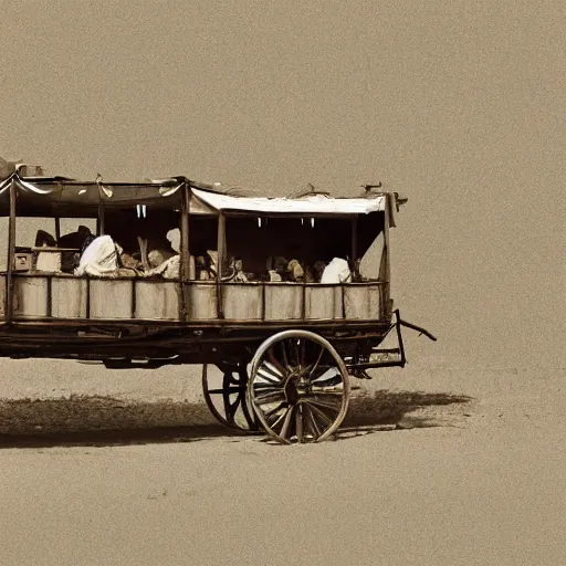 Prompt: a birds - eye view sepia photograph of a delorean made into a covered wagon, traveling in a line with covered wagons and cattle, photorealistic