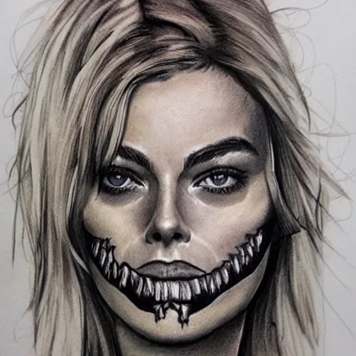 Prompt: face morph tattoo design sketch of margot robbie blended with beautiful mountain scenery, in the style of matteo pasqualin, amazing detail