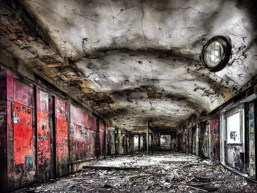 Image similar to “photography of abandoned subway station, urban decay, atmospheric, full of colour, digital photography”