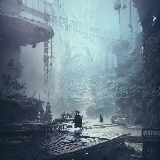 Image similar to kodak portra 8 0 0, infinitely detailed hd scenery ambience from nier automata, dream design, relief concept, majestic dream scenery smooth, sharp focus, an ultrafine detailed illustration by james jean, intricate linework, octane render, by ruan jia and nier automata detailed cybermagic atmospherics