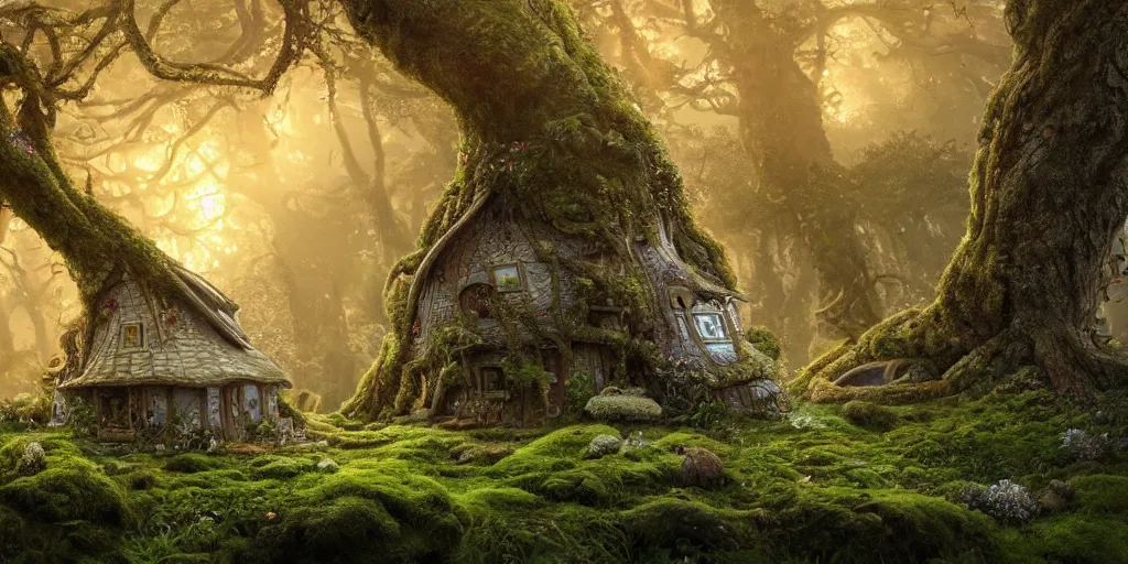 Prompt: a photorealistic cg render of huge old twisted tree with tiny mossy hobbit houses built into it, covered in moss, flowers and mushrooms, hints of peter mohrbacher, georges remi, albert uderzo, super - realistic, insanely intricate and detailed, sunset, volumetric lighting, god rays, 4 k, high definition