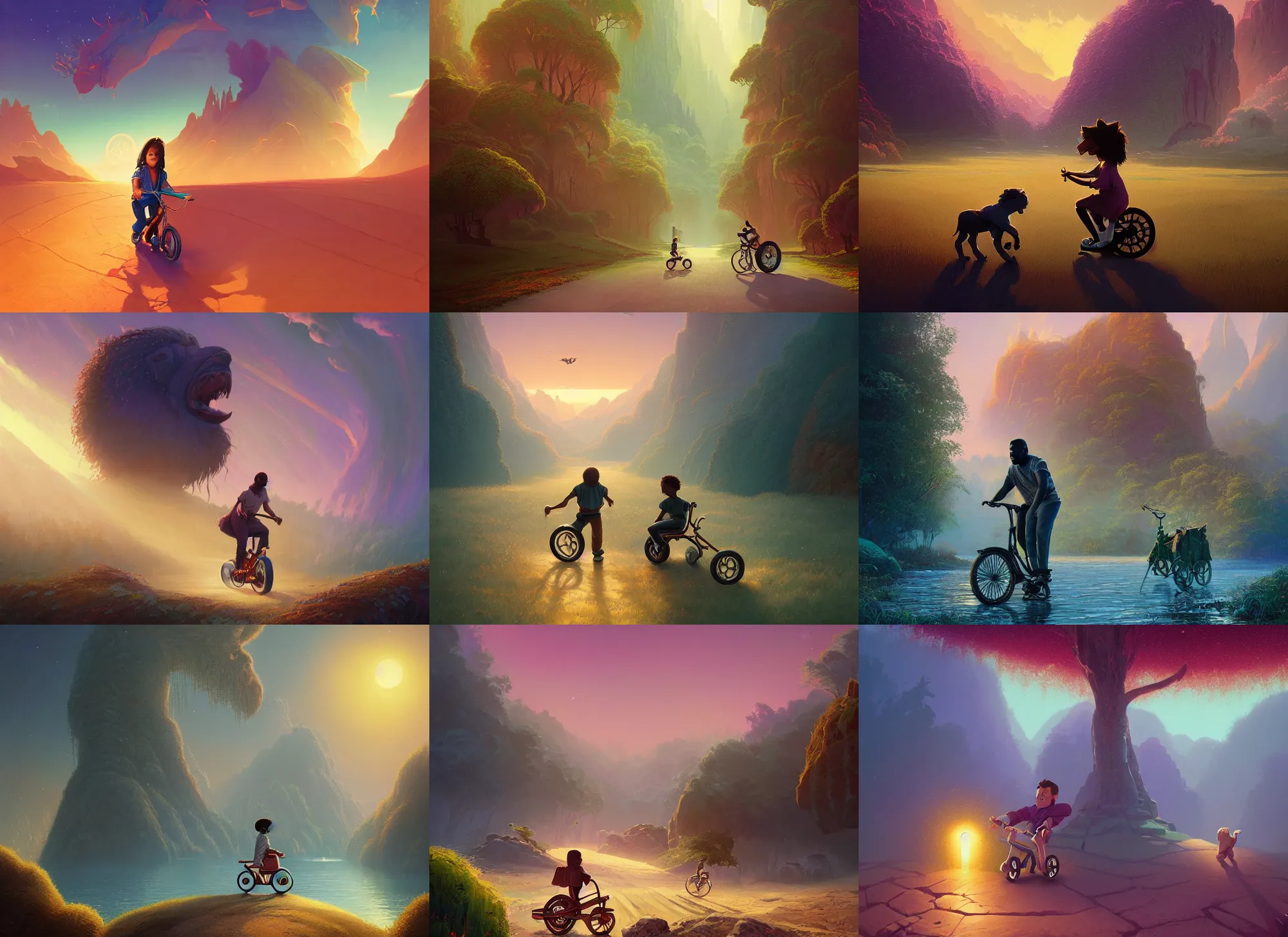 Prompt: Kayne West riding his tricycle in The Chronicles of Narnia , Alena Aenami, Petros Afshar, Noah Bradley, Anton Fadeev, Anato Finnstark, Steve Henderson, Filip Hodas, Mark Keathley, Thomas Kinkade, Phil Koch, Gilbert Williams, Mike Winkelmann, Beeple