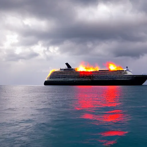 Image similar to cruise ship on fire in the middle of the ocean, with stormy clouds looming in background. scenic, far shot, gorgeous, 4 k