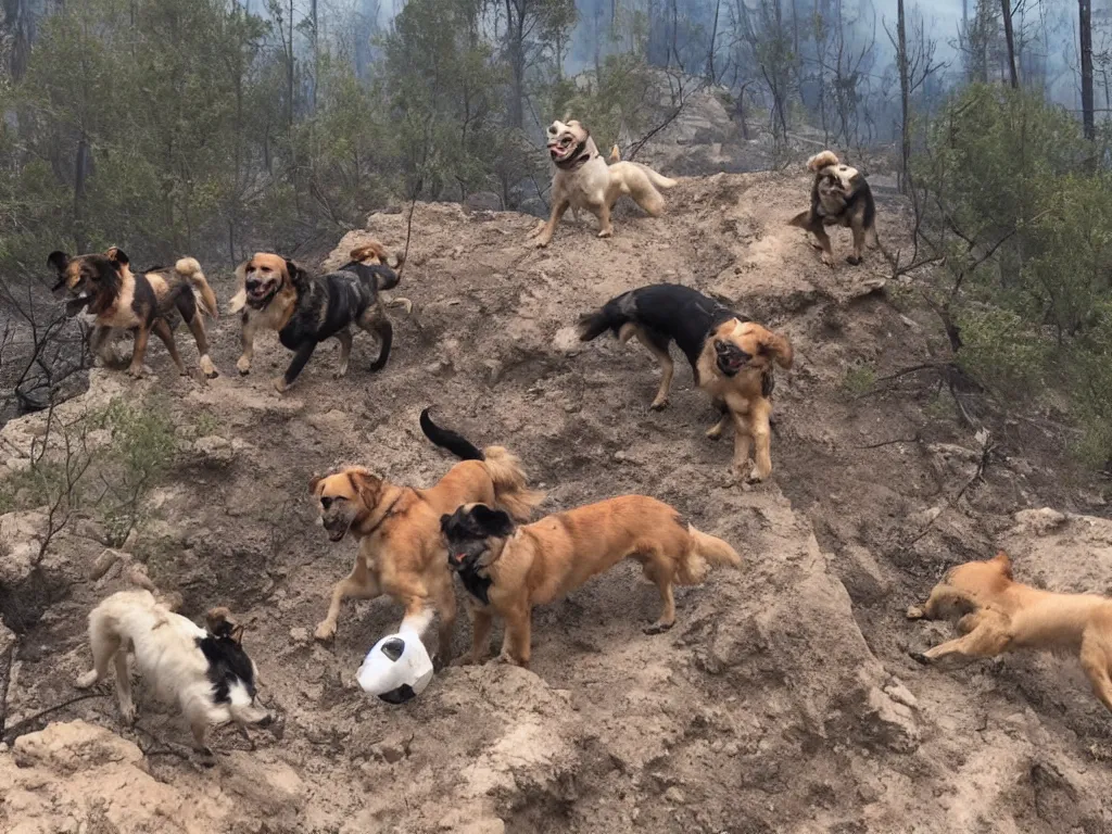 Prompt: Team of three differently sized dogs escaping a collapsing rich villa building situated near a cliff in a forest being consumed by a wildfire, climate change, dramatic, birdseye view