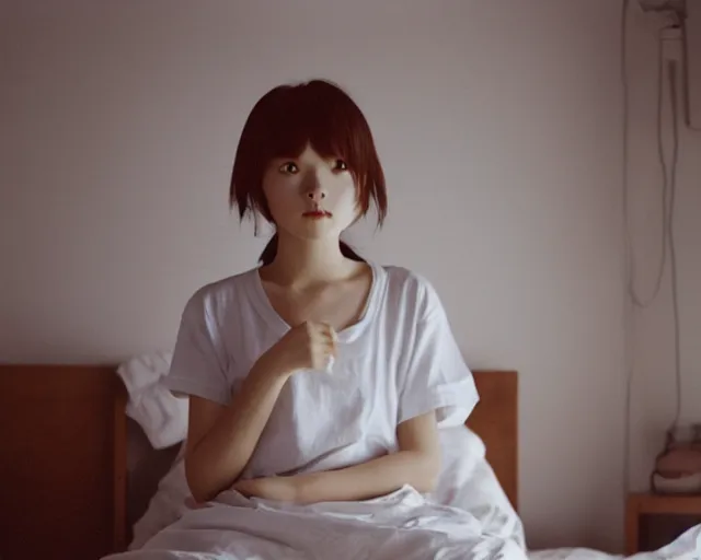 Image similar to a film still of lone anime girl in white tshirt is sitting on poor bed in pale colors room in dark russian flat, perfect faces, fine details, anime, cinestill