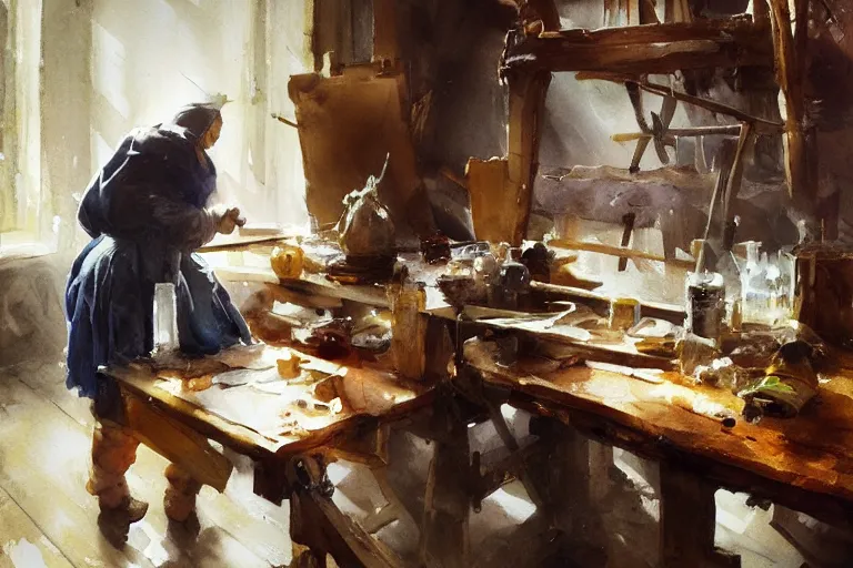 Prompt: paint brush strokes, abstract watercolor painting of medieval workbench, cloth, art by hans dahl, by jesper ejsing, art by anders zorn, wonderful masterpiece by greg rutkowski, cinematic light, american romanticism by greg manchess, creation by tyler edlin