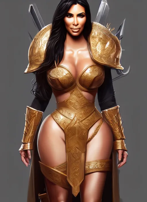 Prompt: kim kardashian as a warrior princess, detailed face, full body, concept art, rim lighting, stanley lau, detailed, sharp focus, trending on artstation