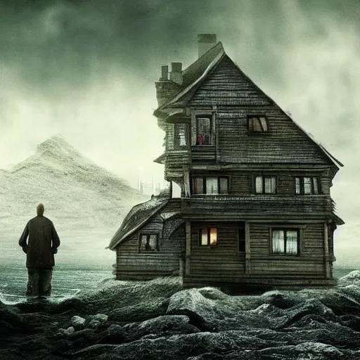 Prompt: house at the edge of the world, hyperdetailed, photorealistic, moody, surreal, creepy, atmospheric, old, run down