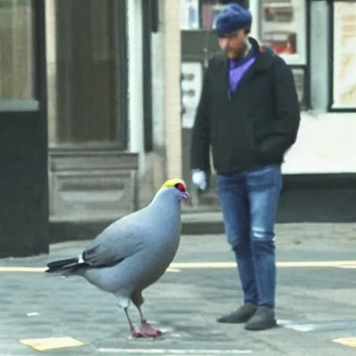 Prompt: surveillance camera footage of xavi hernandez on the street holding a pigeon